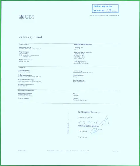 Доказательство оплаты БАНКОВСКОЙ ОРГАНИЗАЦИЕЙ Дукаскопи Банк СА, счета, через швейцарский финансовый холдинг Union Bank of Switzerland (UBS), судя по всему расчетного в БАНКЕ из стекла у Дукаскопи Банк АГ нет