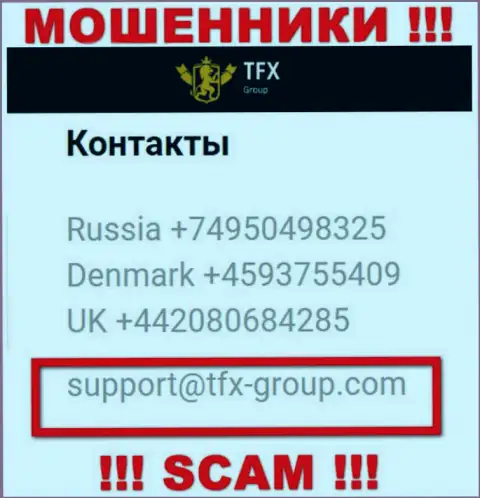 В разделе контактные сведения, на официальном интернет-портале интернет-мошенников TFX Group, найден представленный адрес электронного ящика