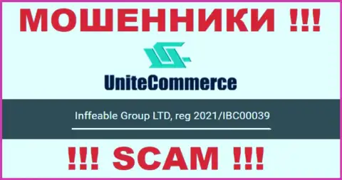 Инффеабле Групп ЛТД интернет-жуликов Unite Commerce было зарегистрировано под этим регистрационным номером - 2021/IBC00039