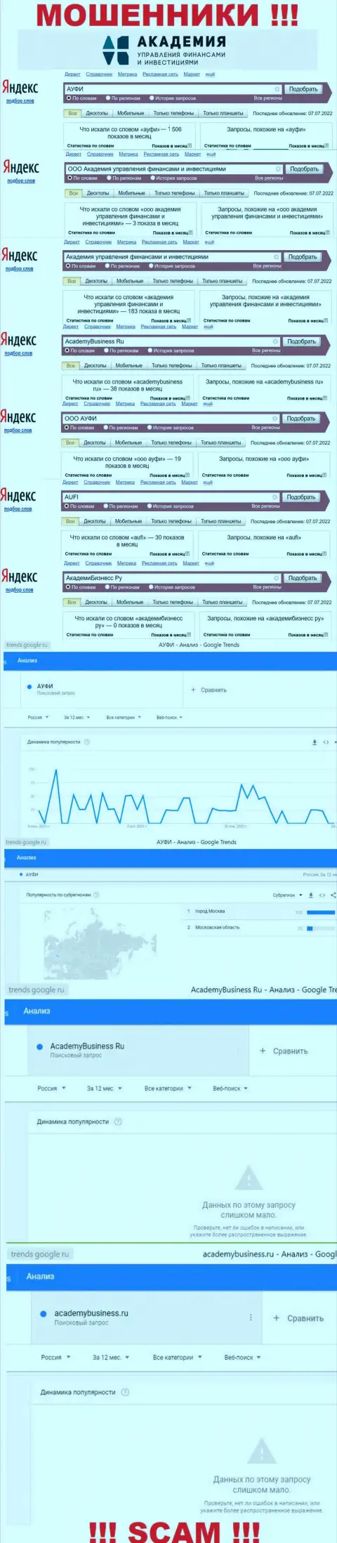 Статистические данные интернет запросов по бренду мошенников AUFI