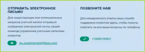 Контактный номер телефона и е-мейл организации Kiexo Com