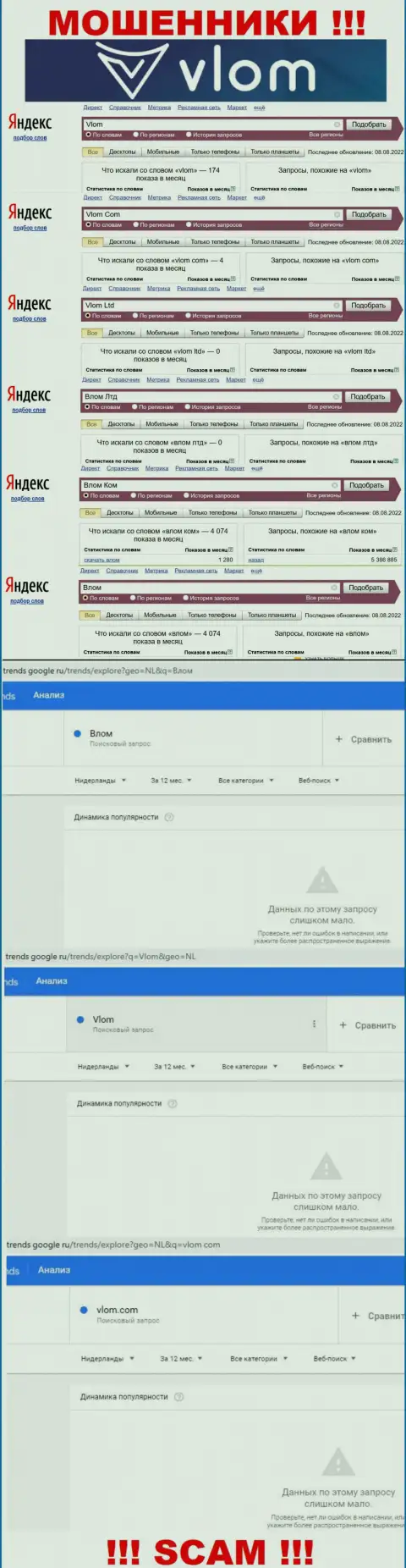 Детальный анализ количества online запросов в поисковиках по шулерам Влом Ком