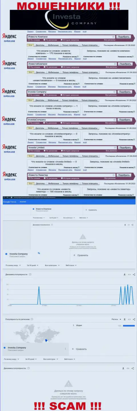 Статистические данные по брендовым онлайн запросам по махинаторам Инвеста Компани в инете