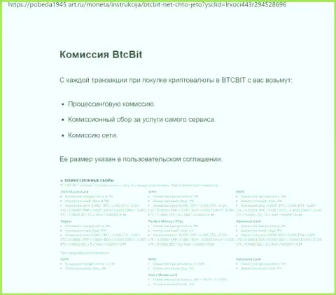 О комиссиях криптовалютной обменки BTC Bit Вы можете разузнать из статьи, опубликованной на сайте Pobeda1945 Art Ru