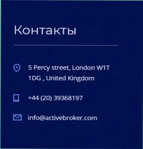 Адрес главного офиса Форекс брокерской компании Актив Брокер, предоставленный на официальном сайте данного forex брокера